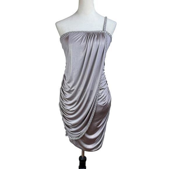 Laundry By Shelli Segal Dresses & Skirts - Laundry by Shelli Segal Metallic Taupe Rhinestone One Shoulder Ruched Mini Dress